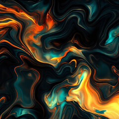 an abstract painting with a black background and orange and blue swirls