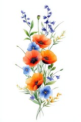 Naklejka premium A vibrant bouquet featuring orange poppies and blue flowers against a white background, showcasing nature's beauty and color.