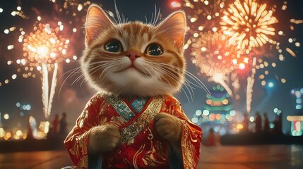 A cute cat in traditional attire sits amidst vibrant fireworks, capturing a festive atmosphere with a joyful expression.