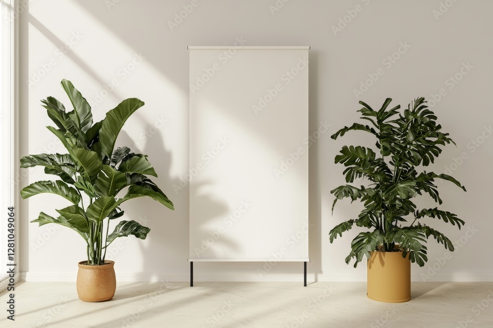 Poster a blank white roll-up banner display mockup, designed and rendered in 3d as an isolated entity