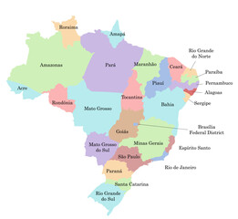 Fototapeta premium Hand drawn map of Brazil with states. Silhouette, Latin America geography. Vector isolated on white background 