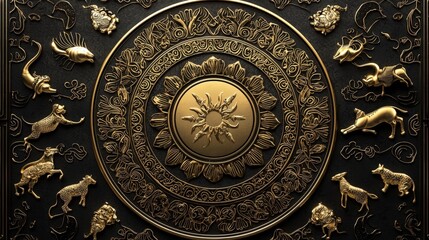 A circular, embossed design featuring various animals, surrounded by intricate patterns, all rendered in gold against a dark background.