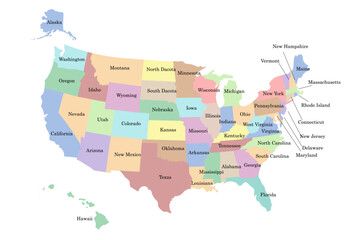 Fototapeta premium Hand drawn map of USA with states. Silhouette, North America geography. United states of America, Alaska, Hawaii. Vector isolated on white background 