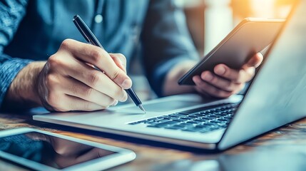 Writing in Notebook While Using Laptop and Smartphone at Office Desk