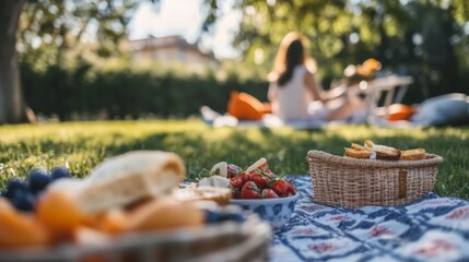 A serene picnic scene featuring a woman enjoying snacks on a blanket in a sunlit garden