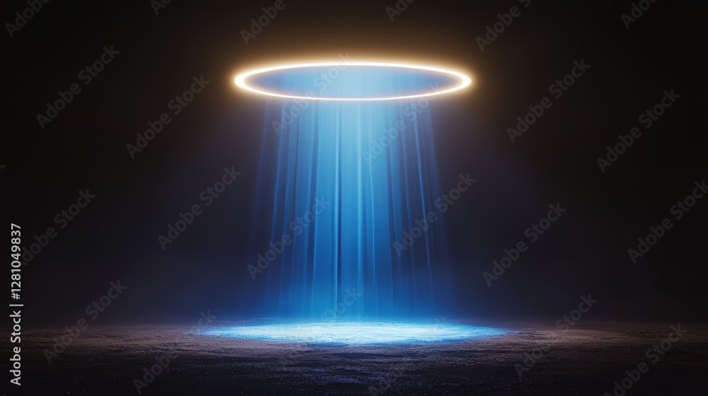 Aufkleber a 3d rendering of a blue round hologram emitting light rays is set against a futuristic sci-fi inter