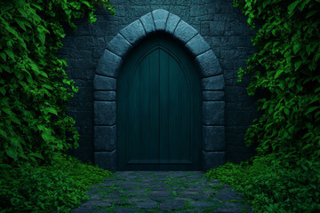 Mysterious green door framed by lush foliage in a stone wall.