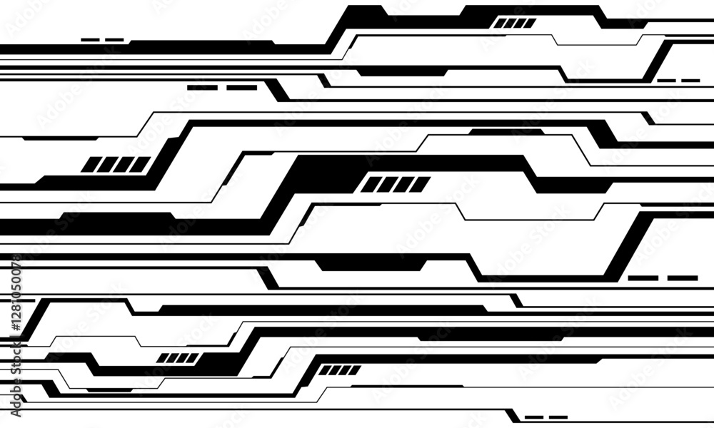 Poster Abstract black circuit board technology connected lines electronics elements computer motherboard chip processor semiconductor digital on white background vector