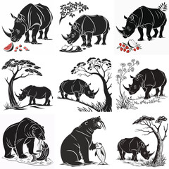 Black and White Rhino Vector Graphics: Wildlife Animals, Nature Scenes, and Bear Illustrations for Design Projects
