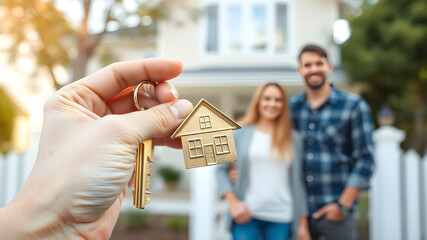 A close-up of a hand holding a golden key with a house-shaped keychain, symbolizing new beginnings. In the blurred background, a smiling couple stands proudly in front of their new home.