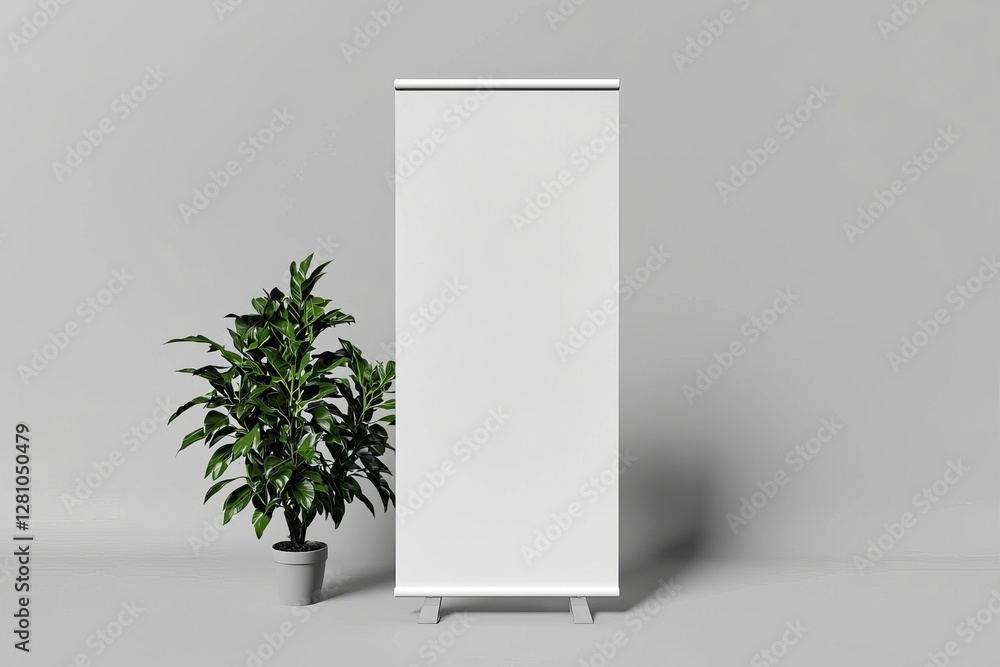 Poster a blank white roll-up banner display mockup is set against a dark background, isolated and presented