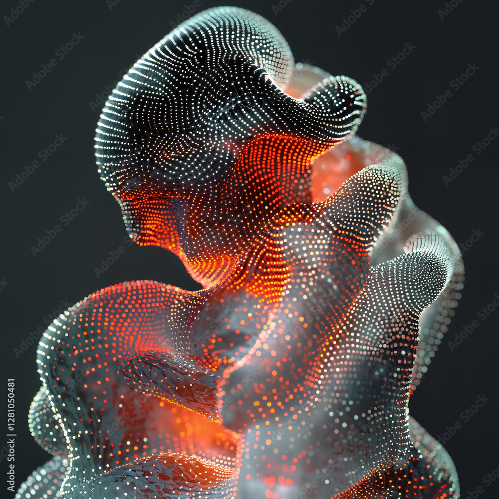 Poster a 3d rendering of a woman's face with red and white dots on it