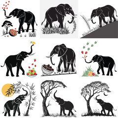 Black & White Elephant Silhouette Vector Art: African Wildlife Illustrations for Graphic Design & Creative Projects
