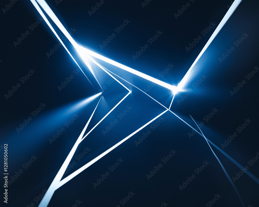 Poster abstract composition of glowing blue light beams cutting through a dark environment, creating sharp 