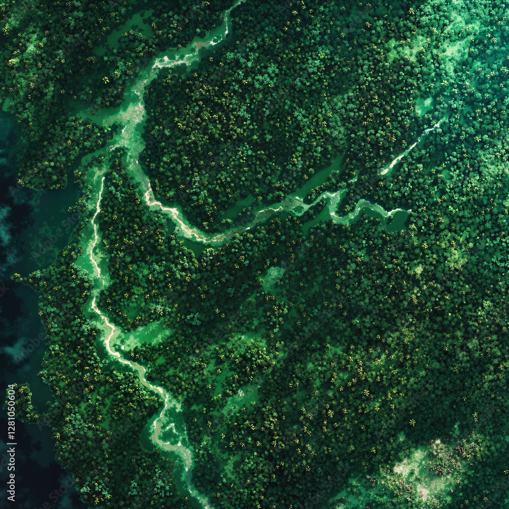 Poster an aerial view of a lush green forest with a river running through it. the trees are a vibrant green