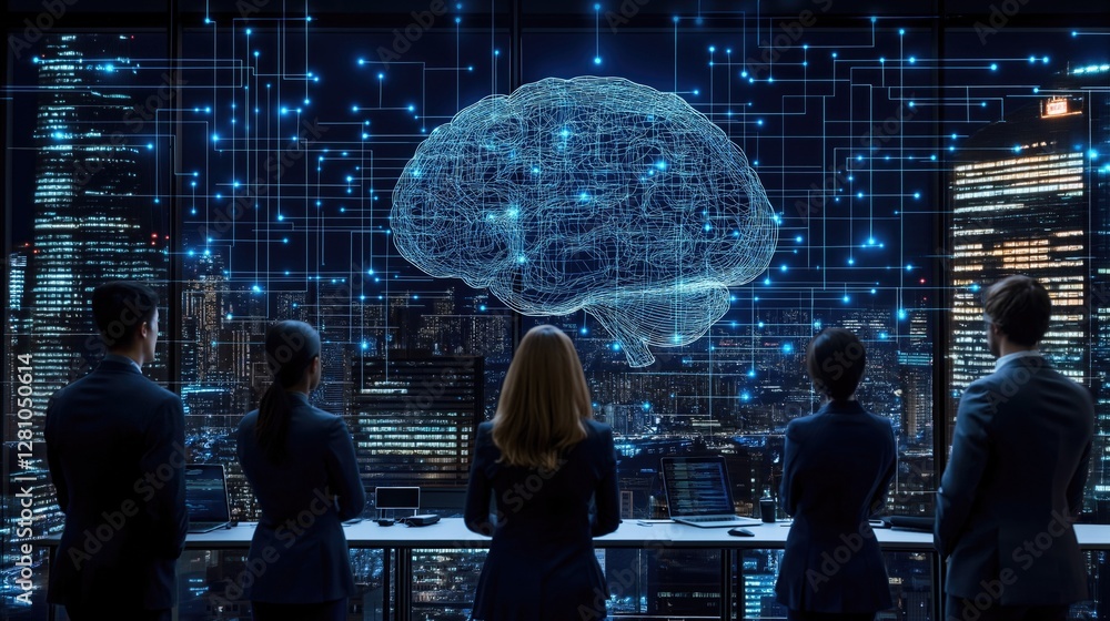 Poster group of professionals observing a futuristic ai interface displaying a digital brain against a city