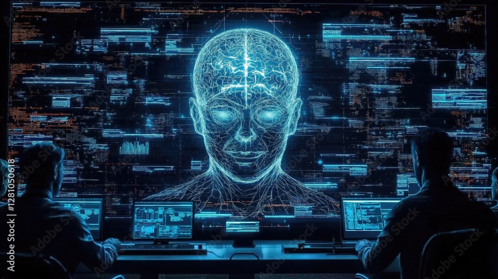 Poster futuristic ai interface displaying a digital brain, with two users analyzing data on screens in a hi