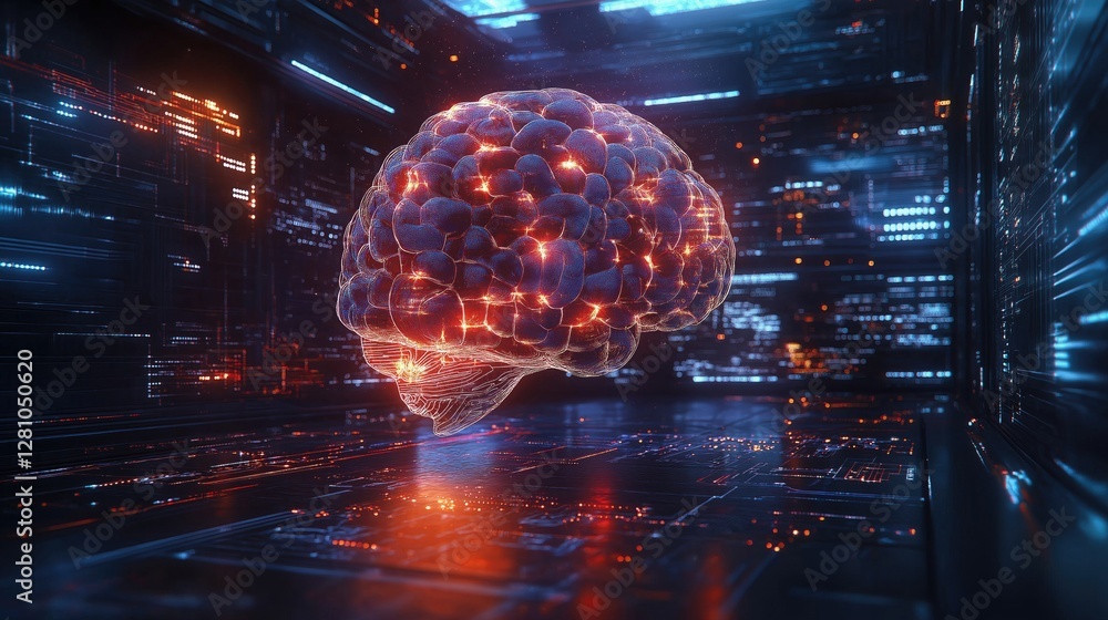 Aufkleber futuristic digital brain glowing with neural connections, set against a high-tech interface backgrou