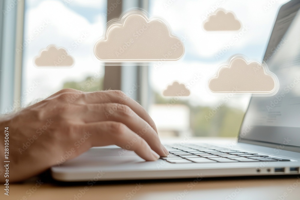 Poster cloud technology and a cloud network are being utilized by a business hand for storage and data tran