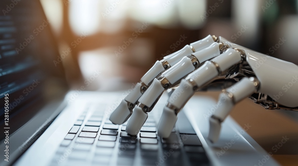 Poster robotic hand interacting with a laptop keyboard, symbolizing automation and efficiency in human reso
