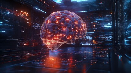 Futuristic digital brain glowing with neural connections, set against a high-tech interface background, symbolizing artificial intelligence.