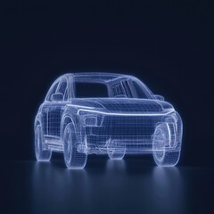Naklejka premium A futuristic service featuring scanning and automatic data analysis is utilized in car development, represented by a hologram of a car in the HUD UI style within a 3d illustration