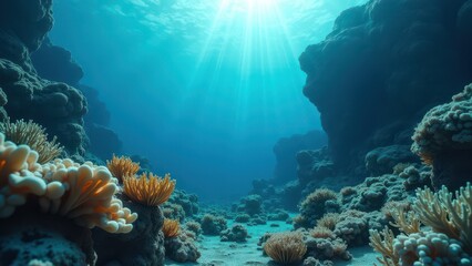 Fototapeta premium Underwater coral reef landscape affected by coral bleaching with sunlight 