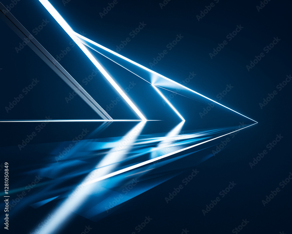 Poster a sleek and dynamic light beam cutting through a dark space, forming sharp geometric patterns and gl