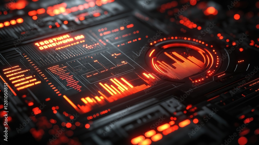 Poster futuristic ai-powered dashboard displaying cost analytics with vibrant red graphics and data visuali