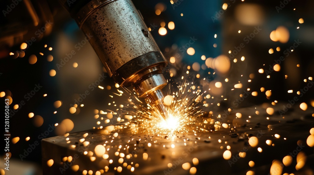 Poster close-up of industrial robots performing precision tasks, creating sparks in a high-tech manufacturi