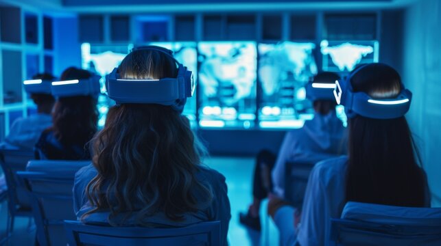 Several people wear virtual reality headsets in a sleek telemedicine space, designed for digital therapy sessions aimed at enhancing mindfulness and mental health well being.