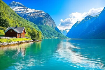 The mountain landscape consists of a large valley situated between big mountains, whose gray stone is covered with moss, except for the snowy peaks, all under a beautiful sky