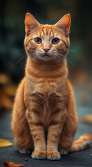 Obraz premium Captivating presence of a charming orange cat showcasing its vibrant fur and stunning round eyes, embraced by natural warm lighting