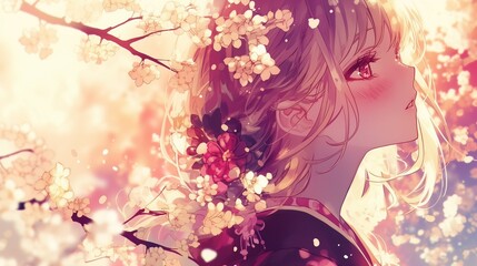 Elegant anime girl in kimono surrounded by glowing cherry blossoms