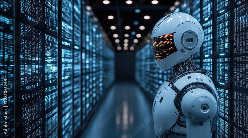 Poster futuristic robot standing in a data center, symbolizing advanced technology and automation in advert