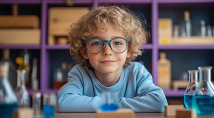 Cute blond boy in glasses creates blue liquid in test tubes while conducting science experiments in a colorful lab filled with equipment