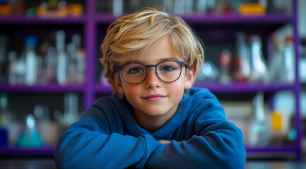 Bright young scientist with blond hair and glasses explores creativity in a colorful science lab filled with test tubes and flasks, showcasing curiosity and passion for discovery