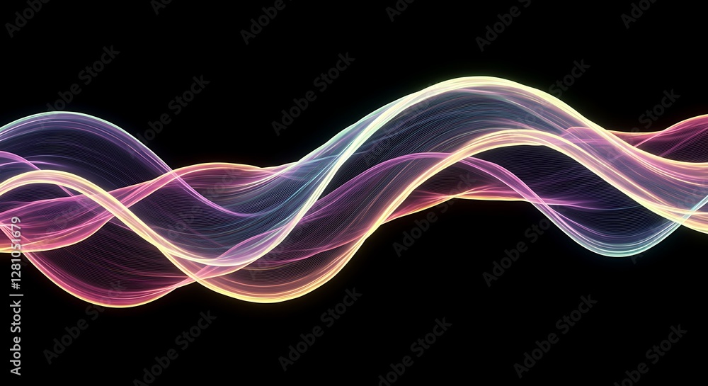 Poster abstract flowing waves design with colorful light trails on black background