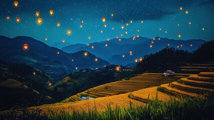 A serene night landscape featuring terraced rice fields illuminated by floating lanterns against a backdrop of mountains.