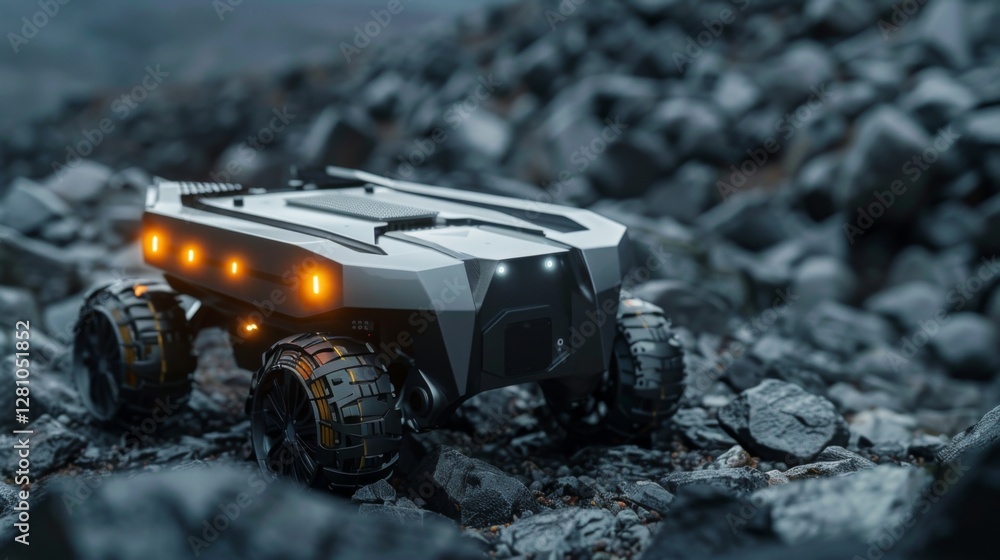 Poster a compact robotic vehicle navigates through a rugged landscape filled with large stones while displa