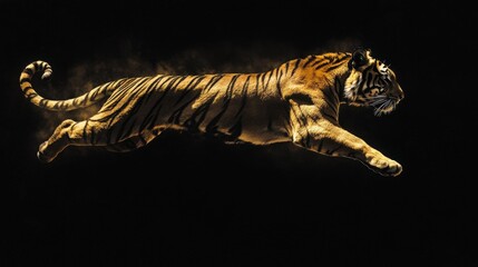 A majestic tiger leaps through the air, showcasing its powerful physique against a dark backdrop.