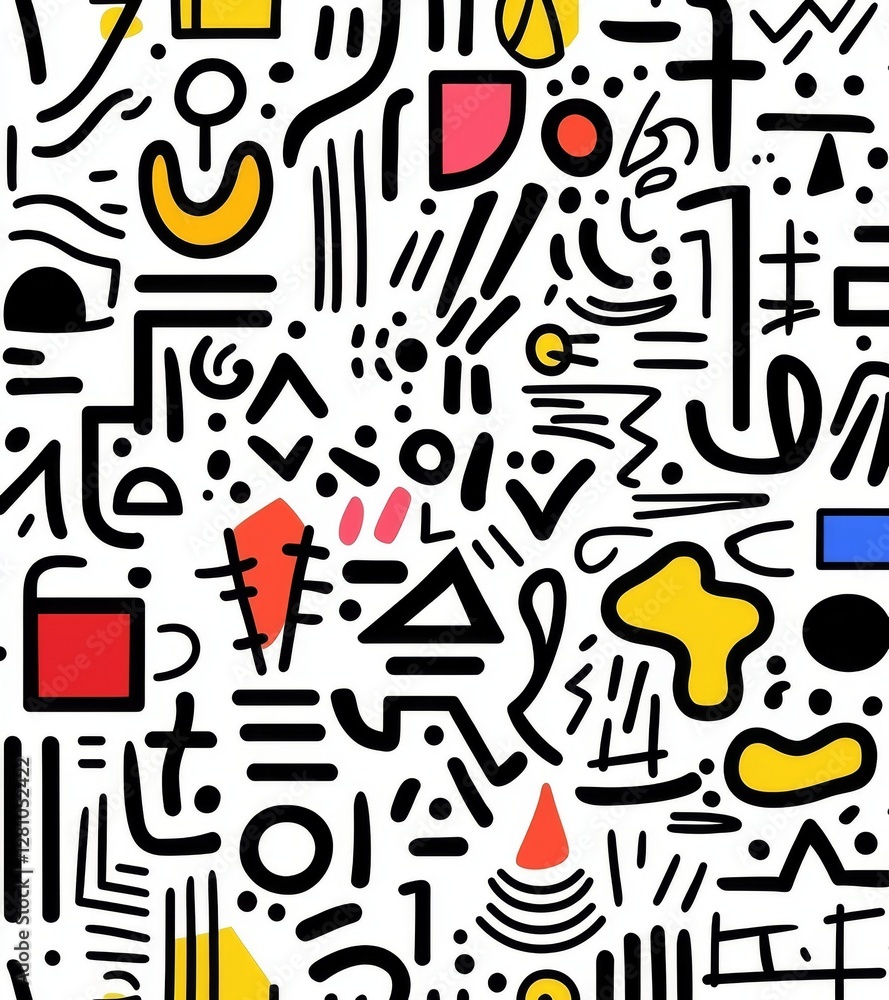 Poster the white background showcases a unique abstract design comprising a repeating black and white carto