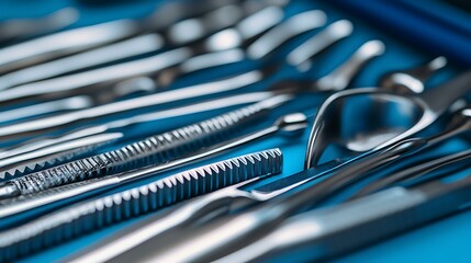 A close-up of polished aluminum surgical tools with clean, smooth finishes and precise engineering, arranged in a clinical setting