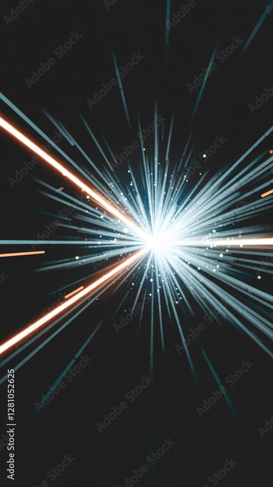 Poster a glowing light streak extends from a central point, creating dynamic rays of blue and orange, symbo