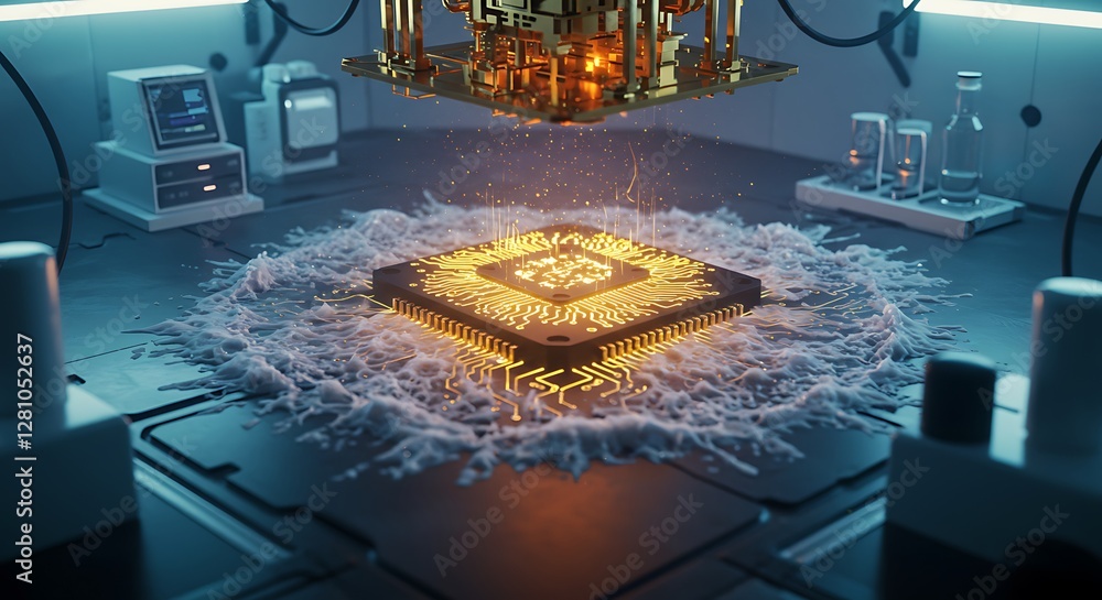 Poster quantum computing chip being assembled with glowing data transfer technology