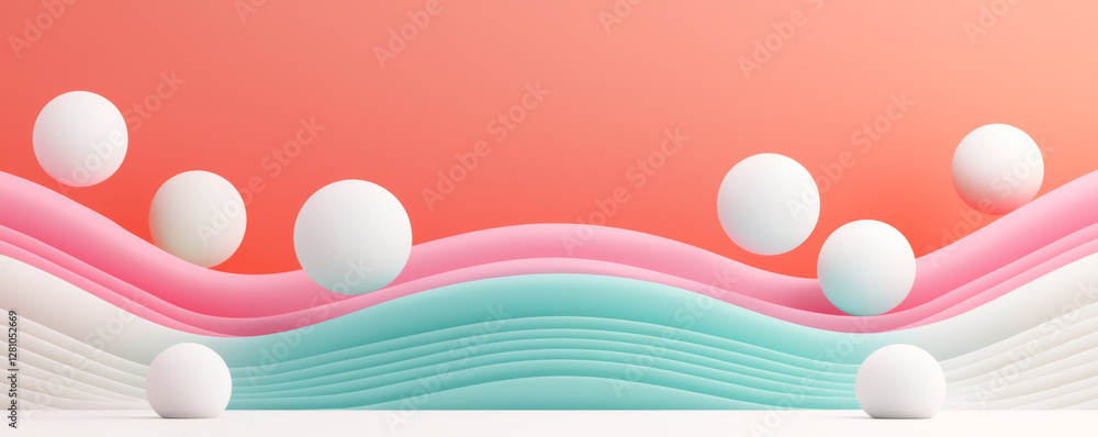 Poster colorful abstract design featuring flowing waves and floating spheres for creative use.