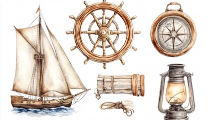 Watercolor Set of Nautical Elements for Art and Design