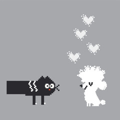 Pixel Art Cat and Dog in Love, Filled with Hearts
