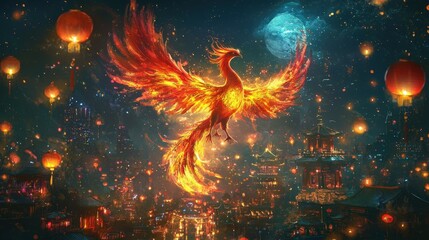 A vibrant phoenix soars above a city illuminated by lanterns, under a starry sky, symbolizing rebirth and hope.