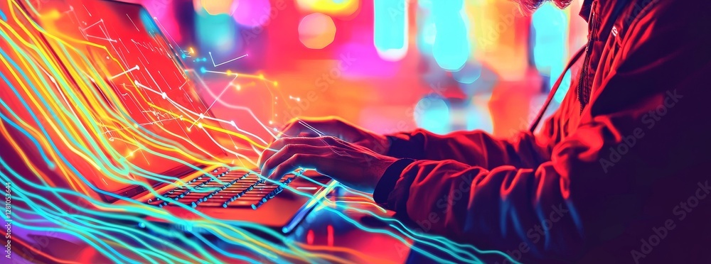 Poster a futuristic and innovative technological background serves as the setting for a man using a modern 